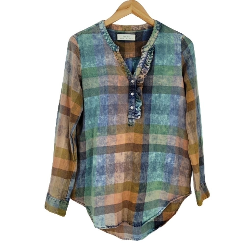 Anthropology Isabella 100% cotton ruffle plaid top